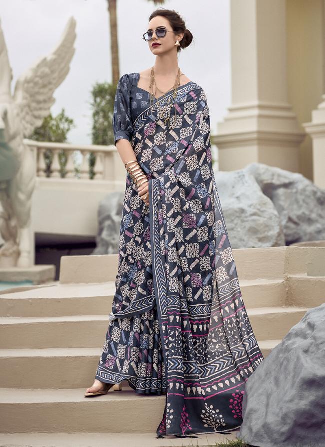 Pure Mal Mal Silk Blue Casual Wear Printed Saree